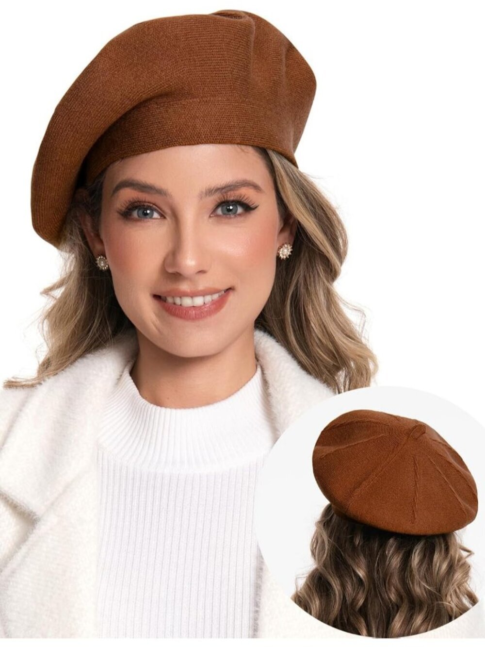 Women's French Style Double Layer Warm and Soft Knitted Beanie Hat Orange Brown